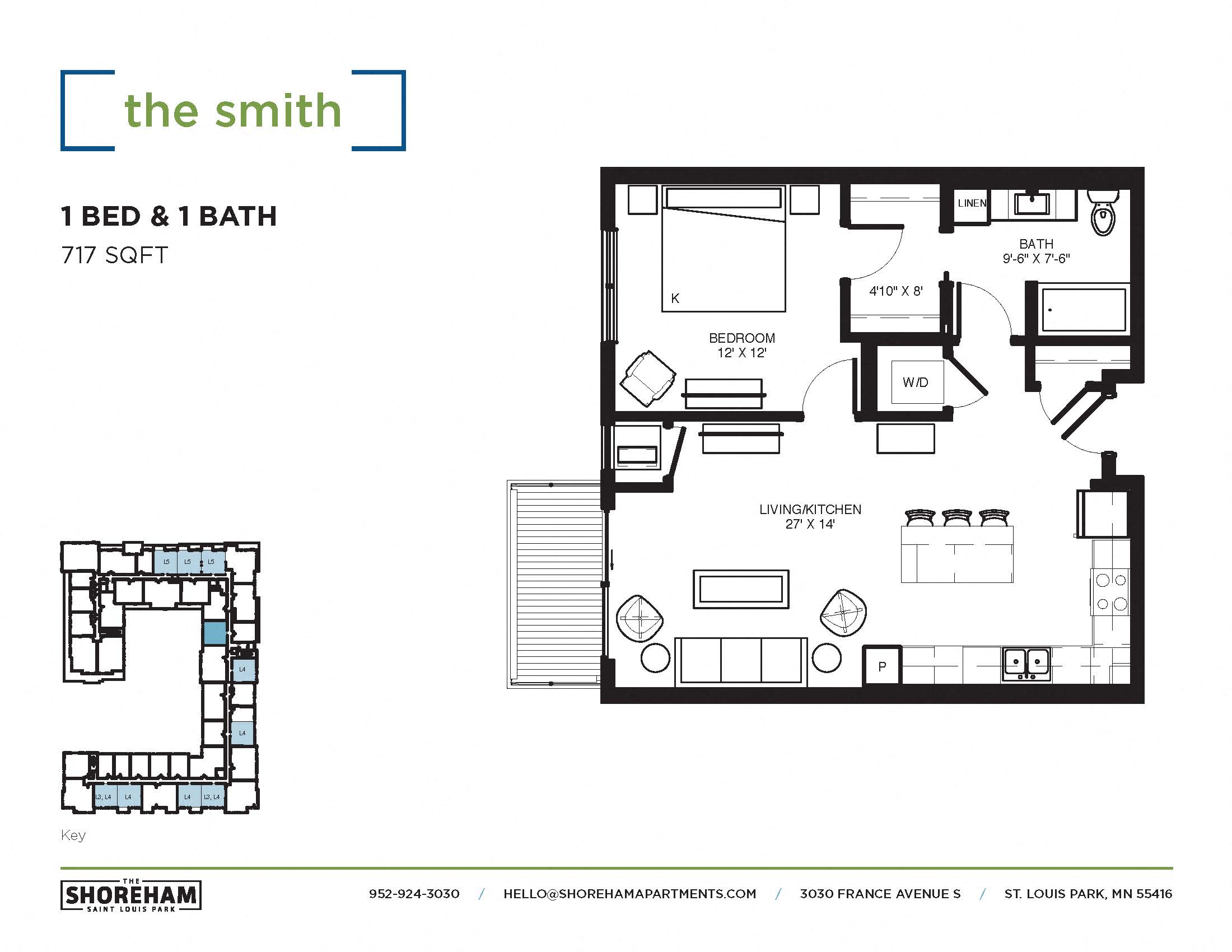 Floor plan for 1 bed, 1 bath, 717 sqft
